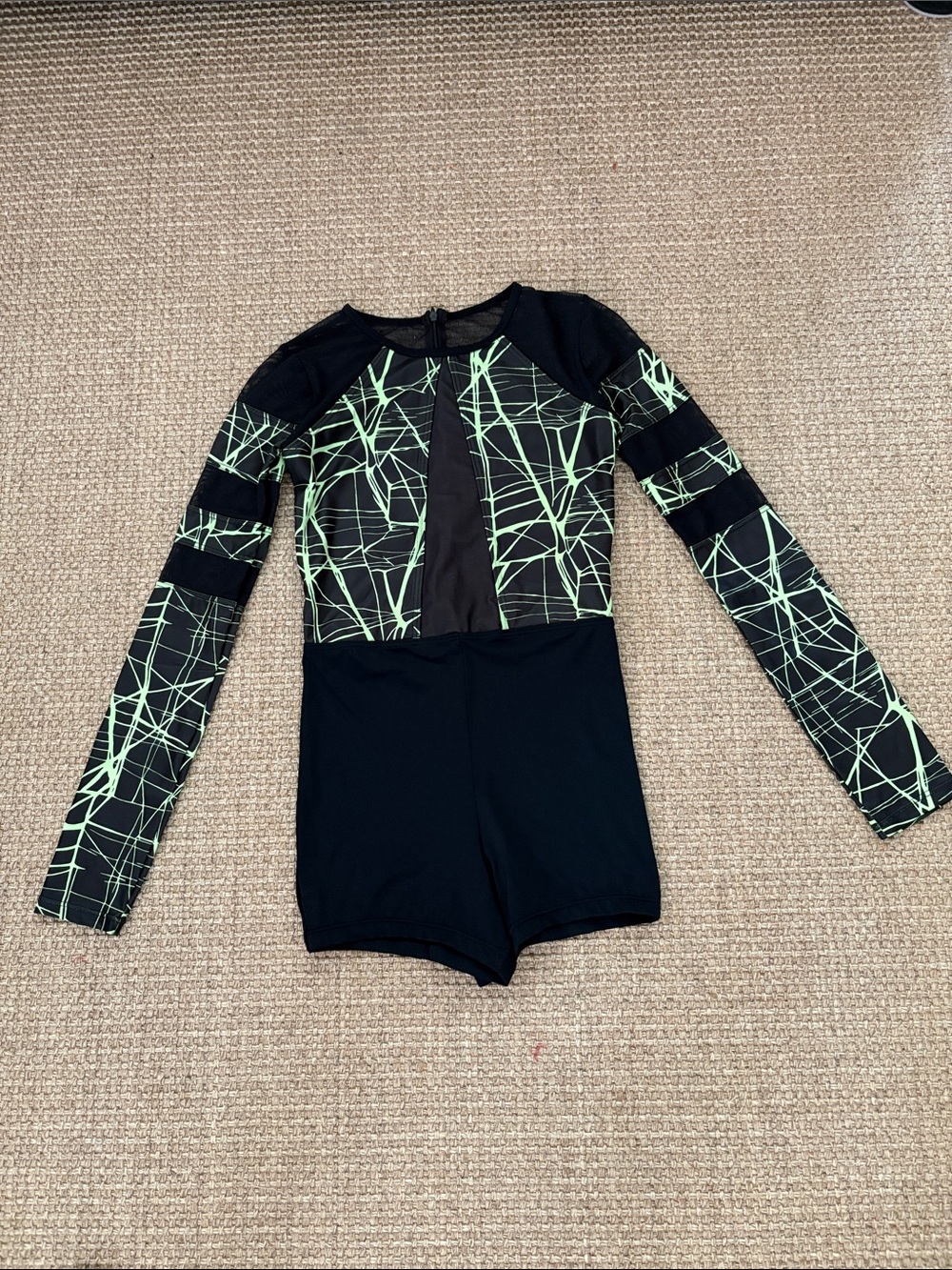 Weissman Black and Neon Green Long Sleeve One-Piece Swim